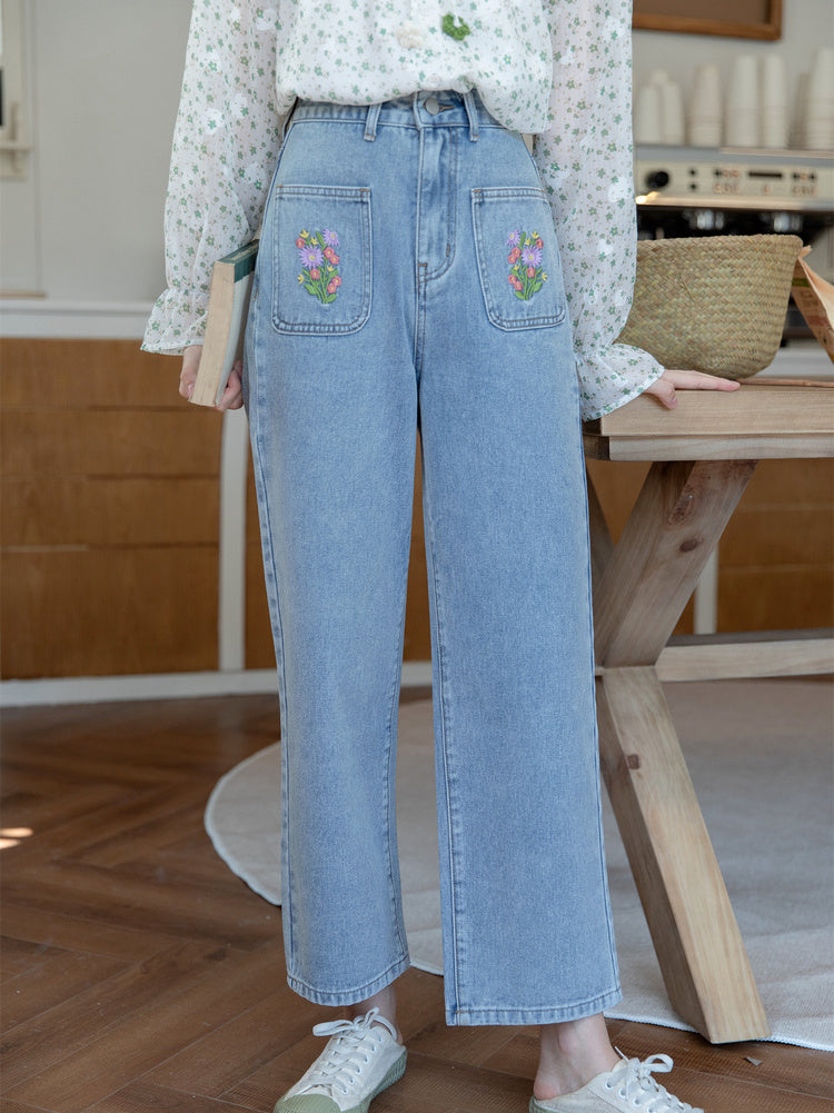 Embroidered Floral Pocket Jeans