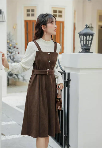 Corduroy Knit Belted Twofer Midi Dress