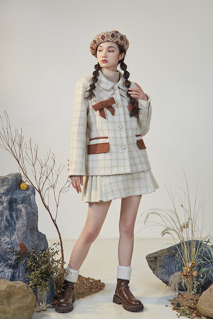 Latte Plaid Tweed Jacket / Skirt