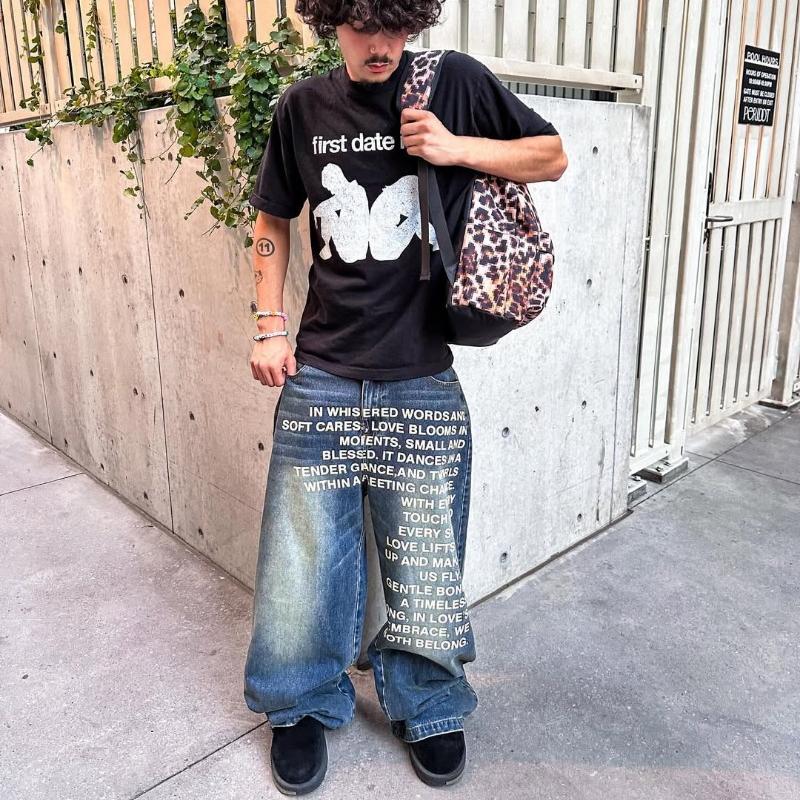 Retro Hip-Hop Loose Letter-Printed Jeans