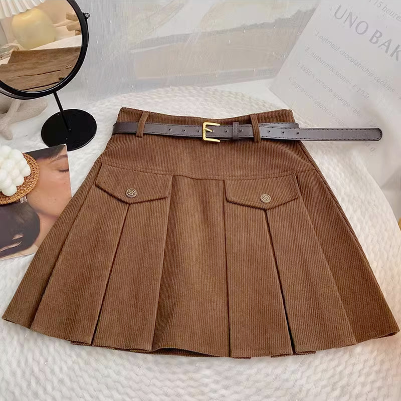 Corduroy Belted Pleat Skirt