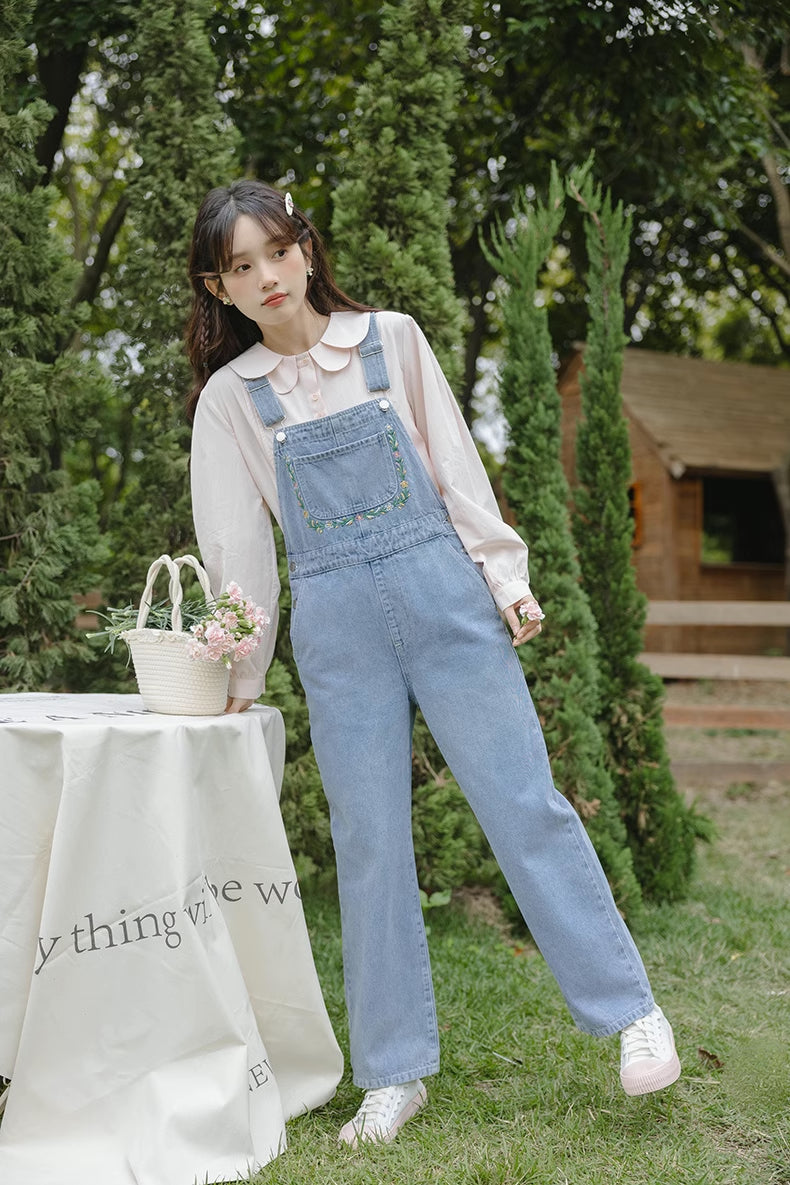 Retro Floral Embroidered Denim Overalls