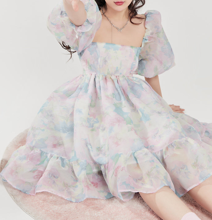 Watercolor Floral Puff Dress