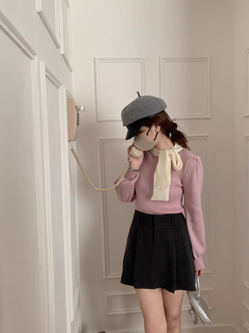 Pullover mit Puffärmeln und Bindekragen