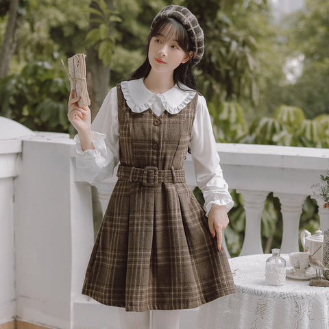 Coffee Plaid Pinafore Dress / Blouse