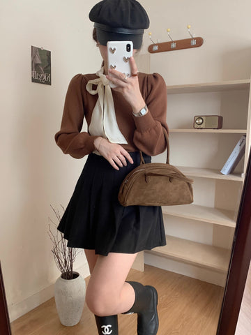Pullover mit Puffärmeln und Bindekragen