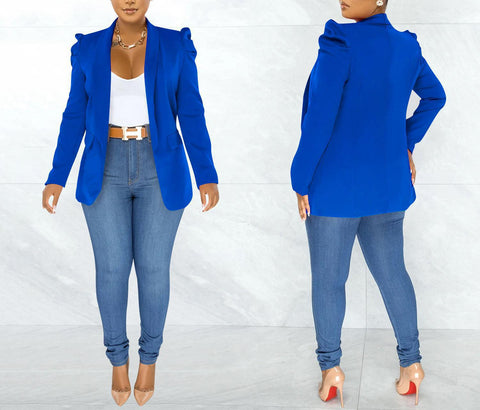 Puff Sleeve Solid Blazer Jacket - Blue