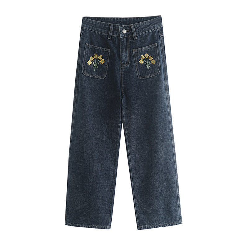 Embroidered Sunflower Pocket Jeans