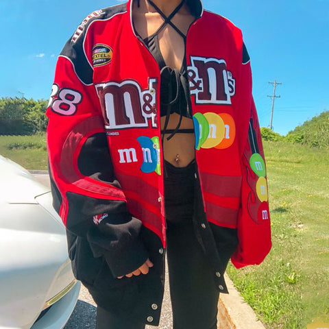 Motorcycle style color block print casual jacket