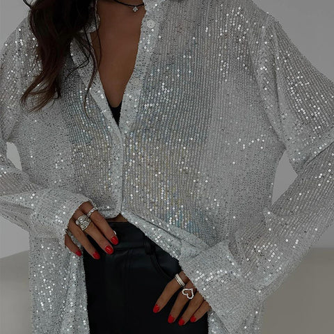 Glitter Sheer Mesh Top Long Sleeve Button Down Sequin Shirt