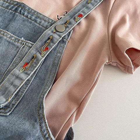 Rosy Days Embroidered Short Overalls
