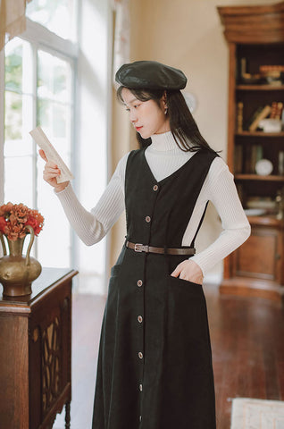 Button Up Suede Pinafore Dress