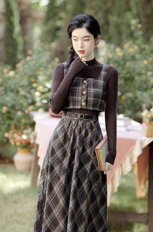 Mint Mocha Kariertes zweiteiliges Midi-Set