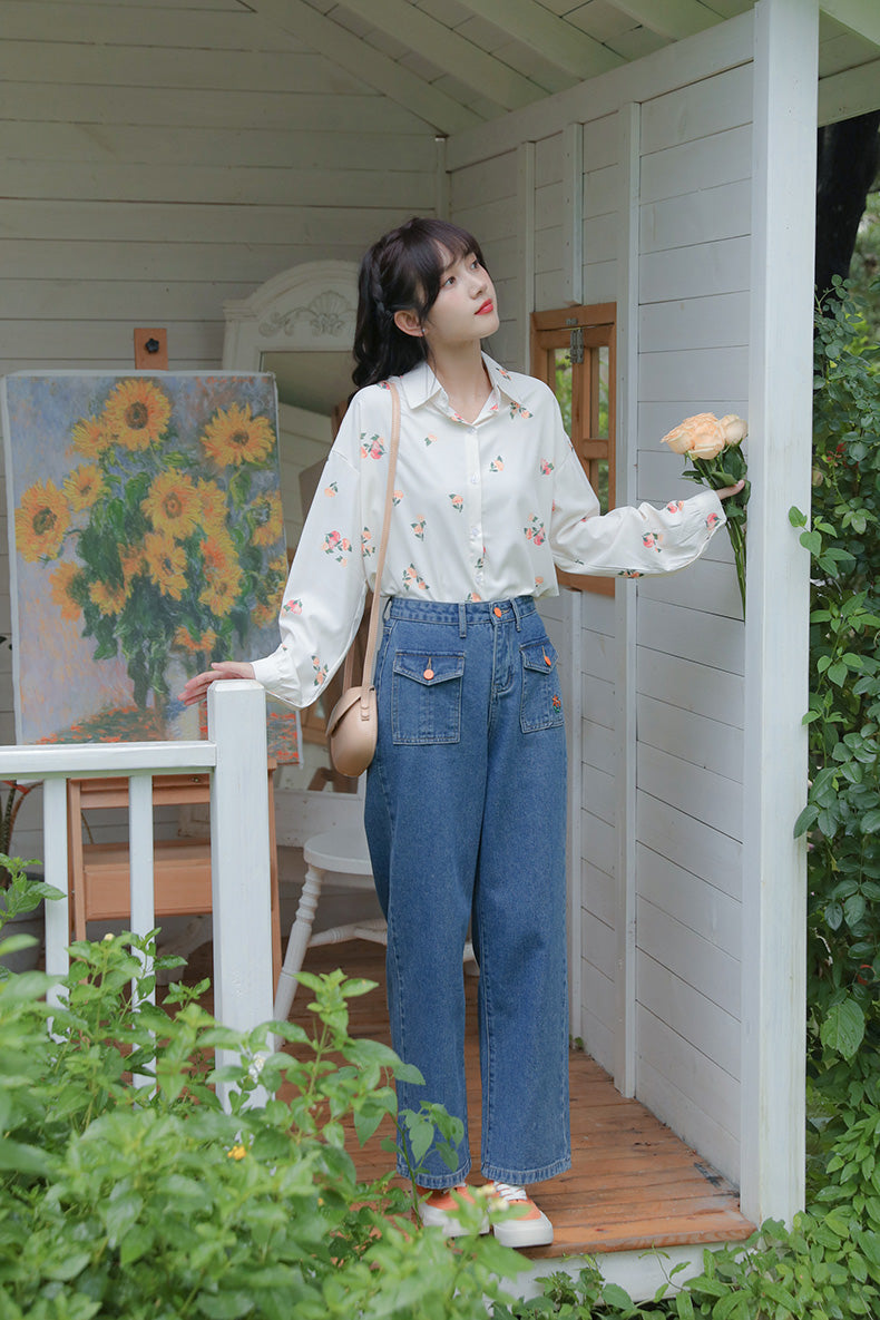 Embroidered Button Pocket Jeans