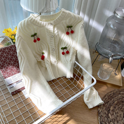 Cherry Pom Pom Cropped Cardigan