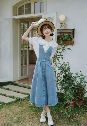 Button Denim Midi Pinafore Dress