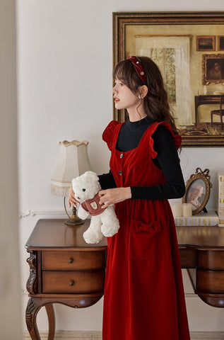 Velvet Frilly Bow Pinafore Dress