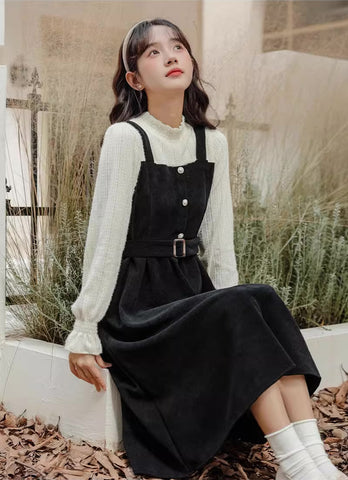 Corduroy Knit Belted Twofer Midi Dress