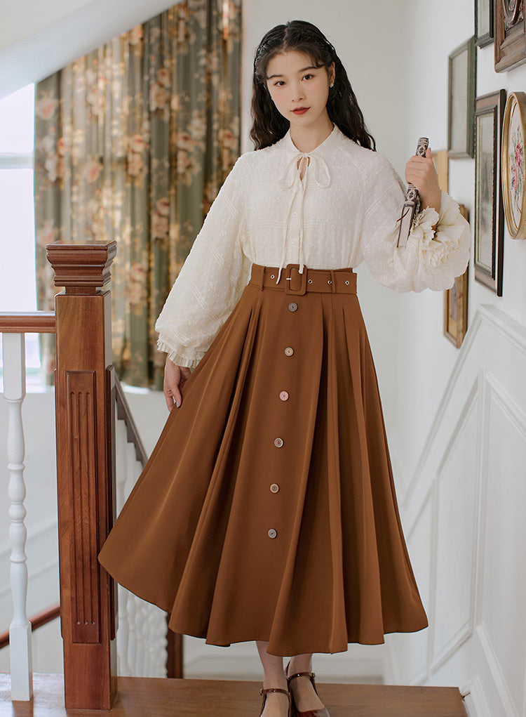 Classic Belted Button Midi Skirt