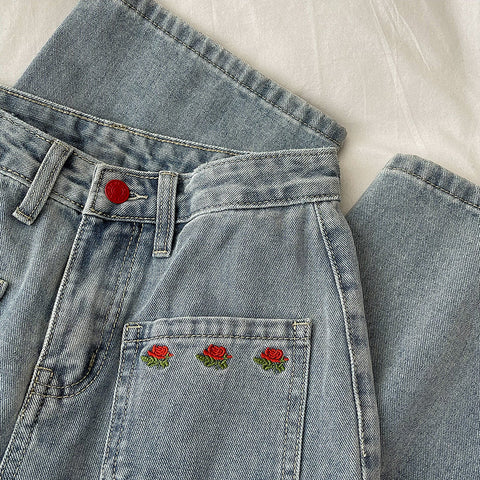 Embroidered Rose Pocket Jeans