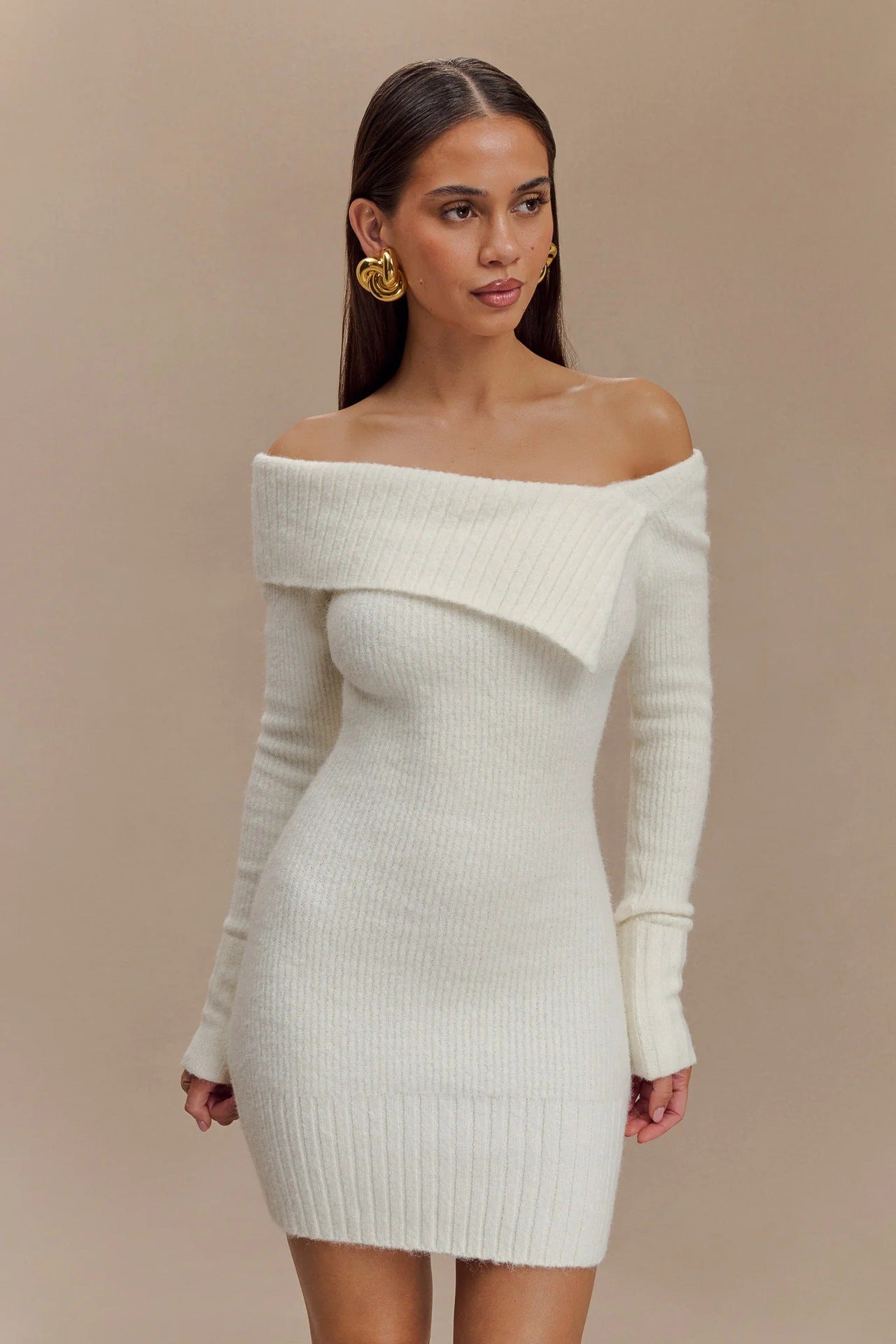 White Collar Long Sleeve Sweater Mini Dress