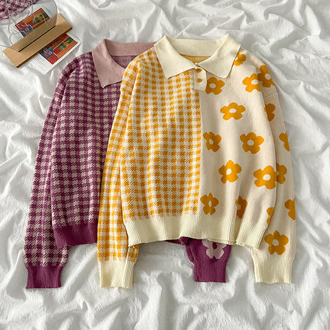 Suéter polo con estampado de margaritas y cuadros vichy