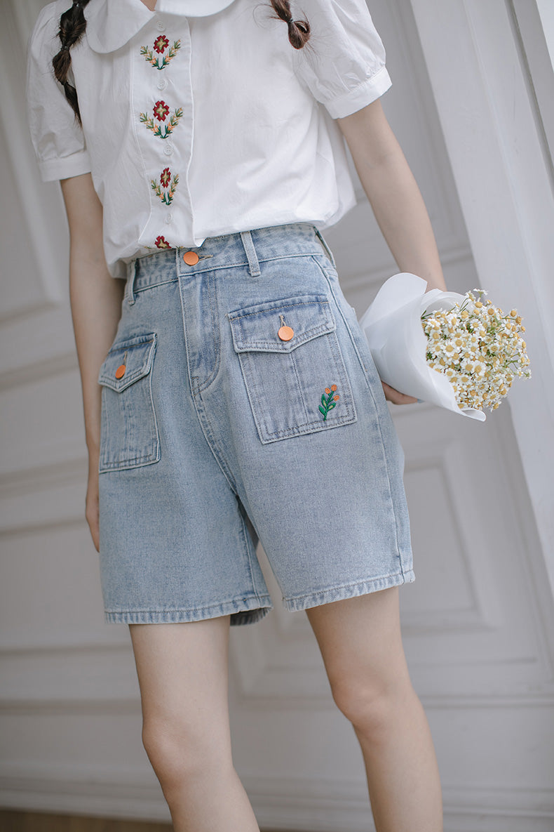 Embroidered Button Pocket Shorts
