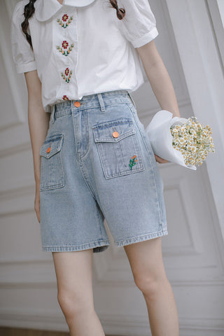 Embroidered Button Pocket Shorts