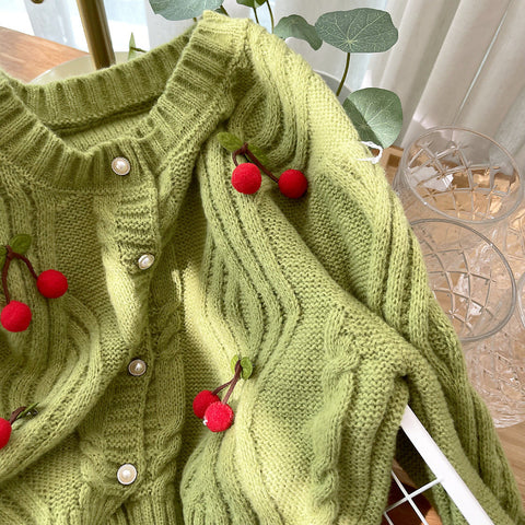 Cherry Pom Pom Cropped Cardigan