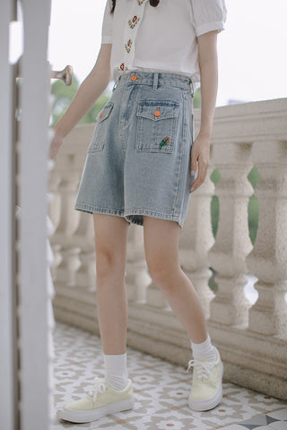 Embroidered Button Pocket Shorts