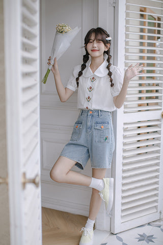 Embroidered Button Pocket Shorts