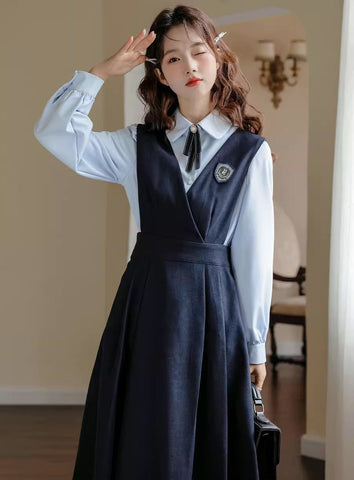 Corduroy Suede Midi Pinafore Dress & Blouse Set