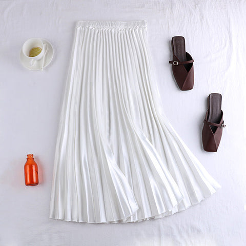 Pleated Satin Midi Skirt