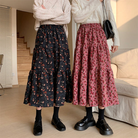 Rose Corduroy Tiered Midi Skirt