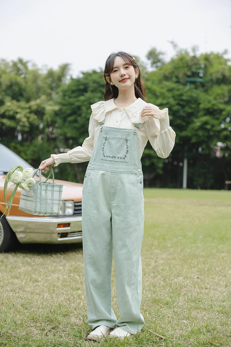 Flower Vines Embroidered Overalls