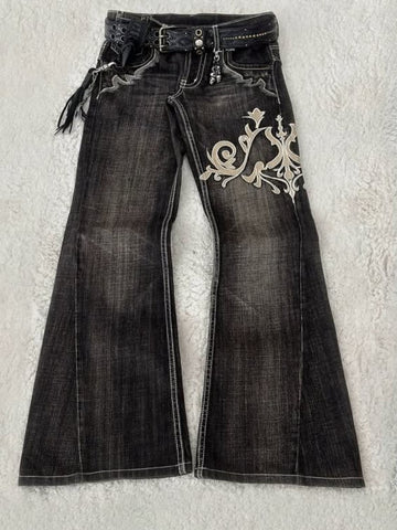 High Waist Vintage Butterfly Embroidered Pattern Jeans Pants