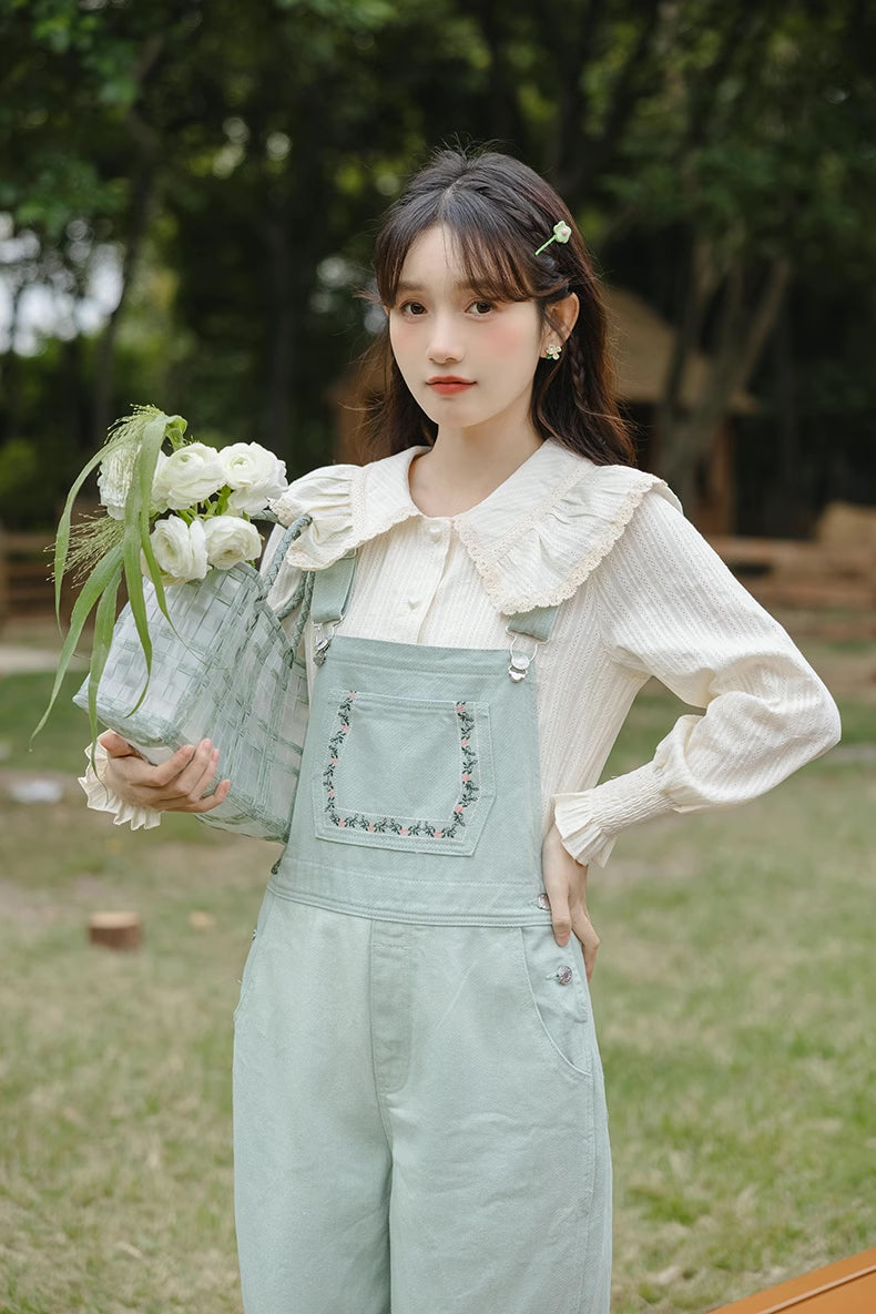 Flower Vines Embroidered Overalls