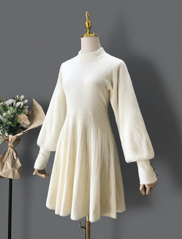 Fuzzy Puff Sleeve Sweater Dress