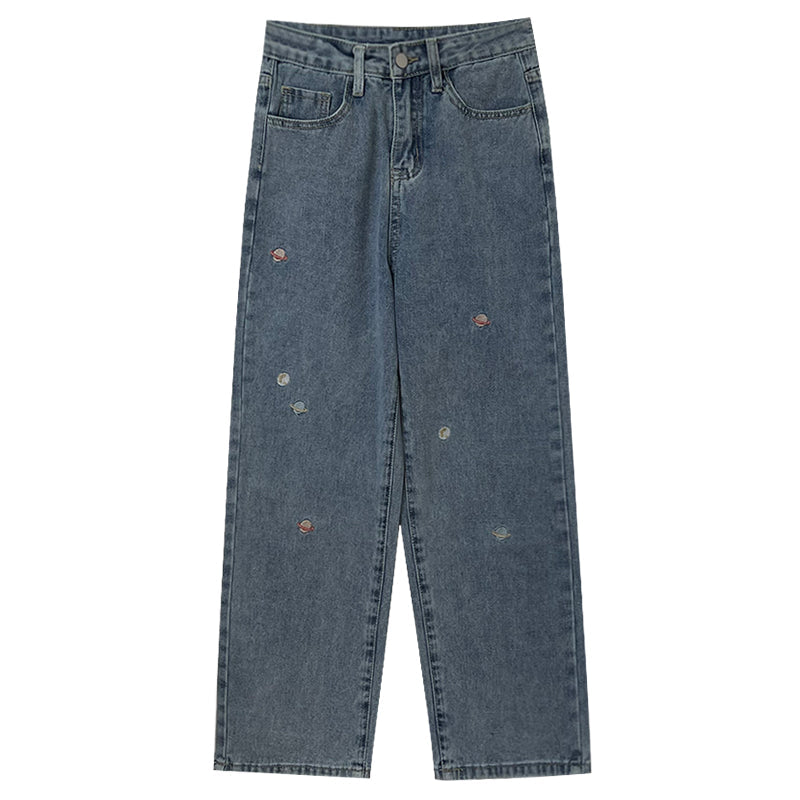 Jeans mit Saturn-Stickerei