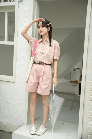 Strawberry Matcha Plaid Blouse