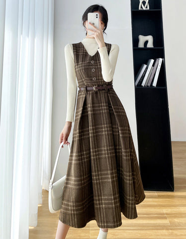 Coffee Plaid Midi Pinafore Dress