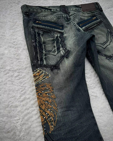 High Waist Vintage Butterfly Embroidered Pattern Jeans Pants