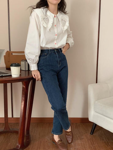 Heart Cutout Collar Button Up Shirt