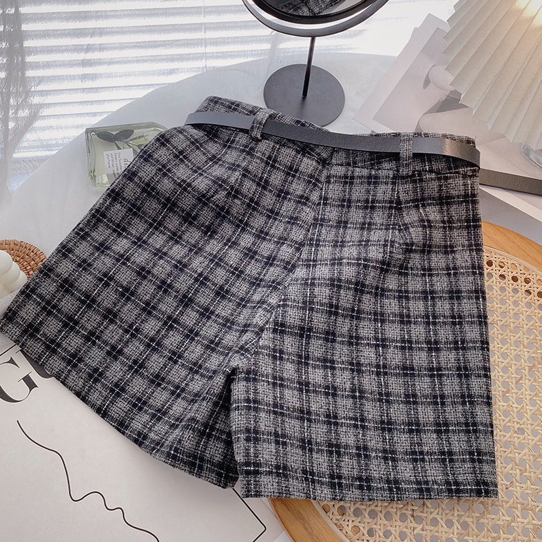 Asymmetrical Tweed Plaid Shorts