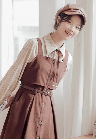 Suede Button Up Cami Pinafore Dress Set