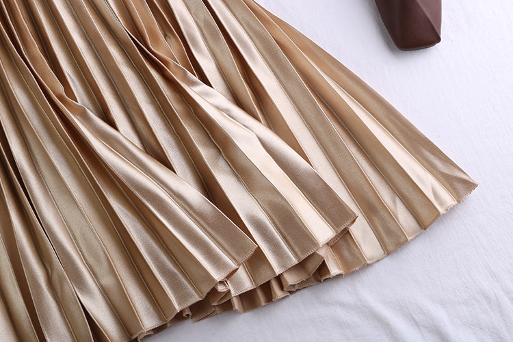 Pleated Satin Midi Skirt