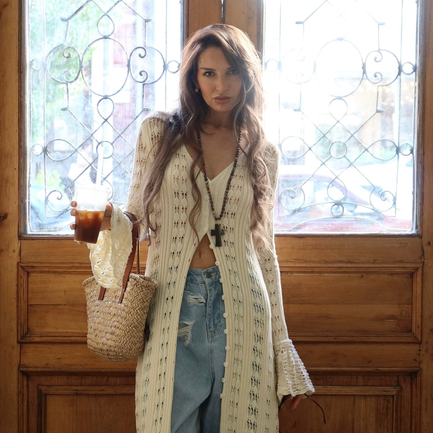 Knitted Cardigan With Openwork Crochet