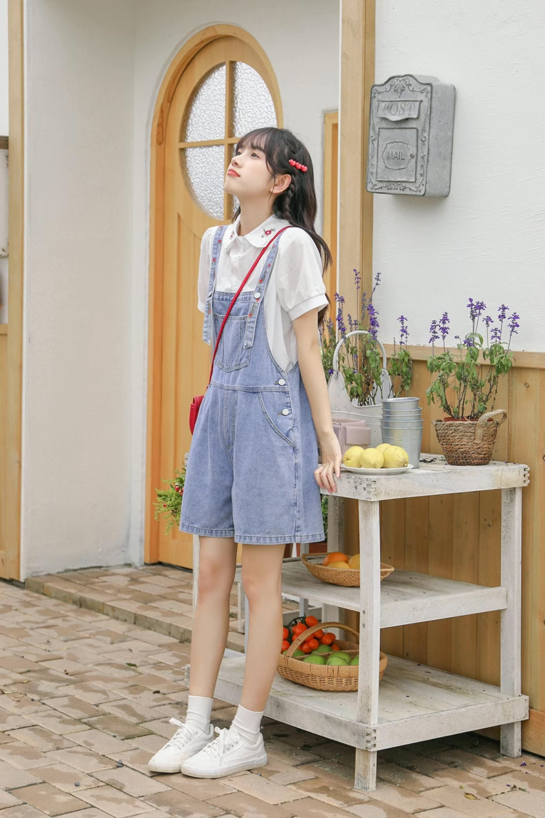 Rosy Days Embroidered Short Overalls