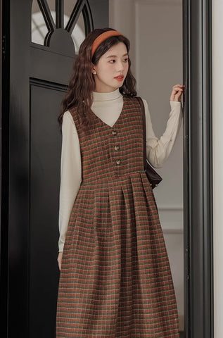 Fallen Leaves Plaid Pinafore Dress Set
