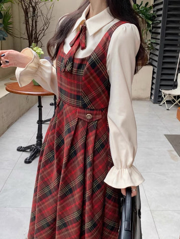 Merry Plaid Midi Pinafore Dress